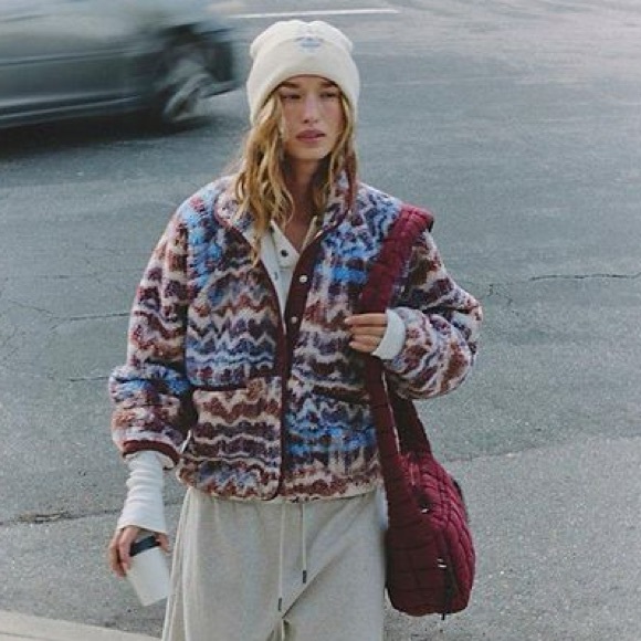 NWT Free People Hit The Slopes Fleece Jacket Denim Combo - Picture 2 of 5